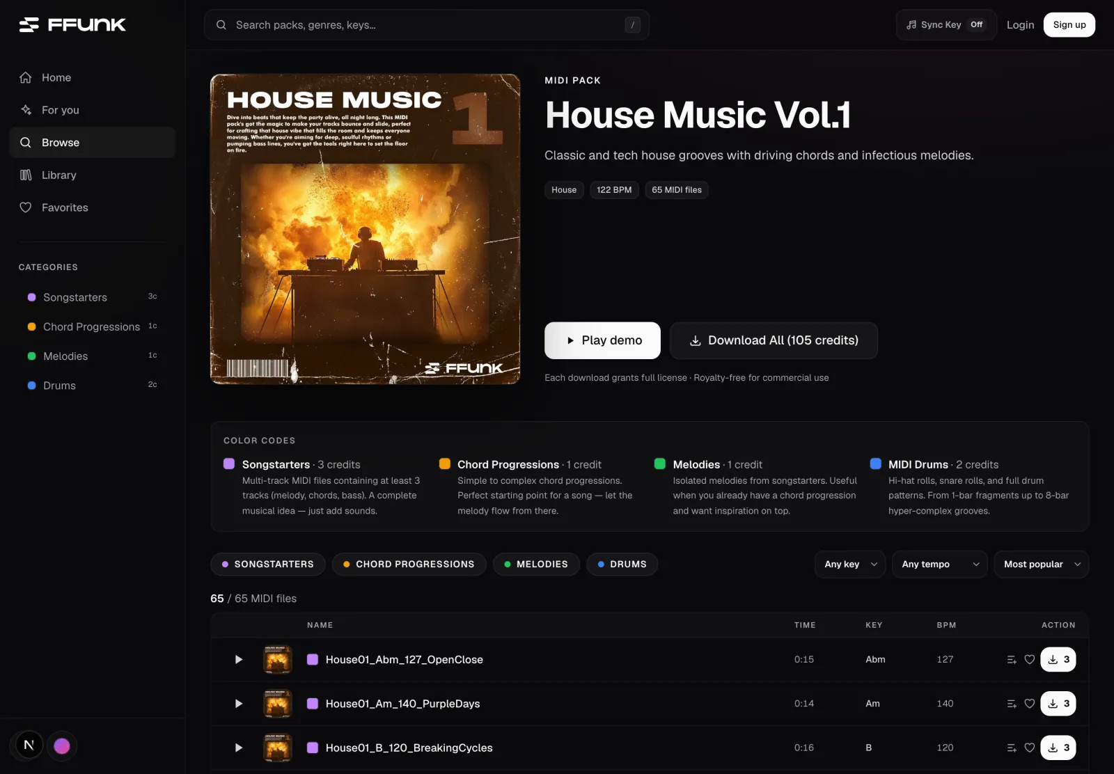 The FFUNK web app pack view: cover art, download options and the full MIDI file list