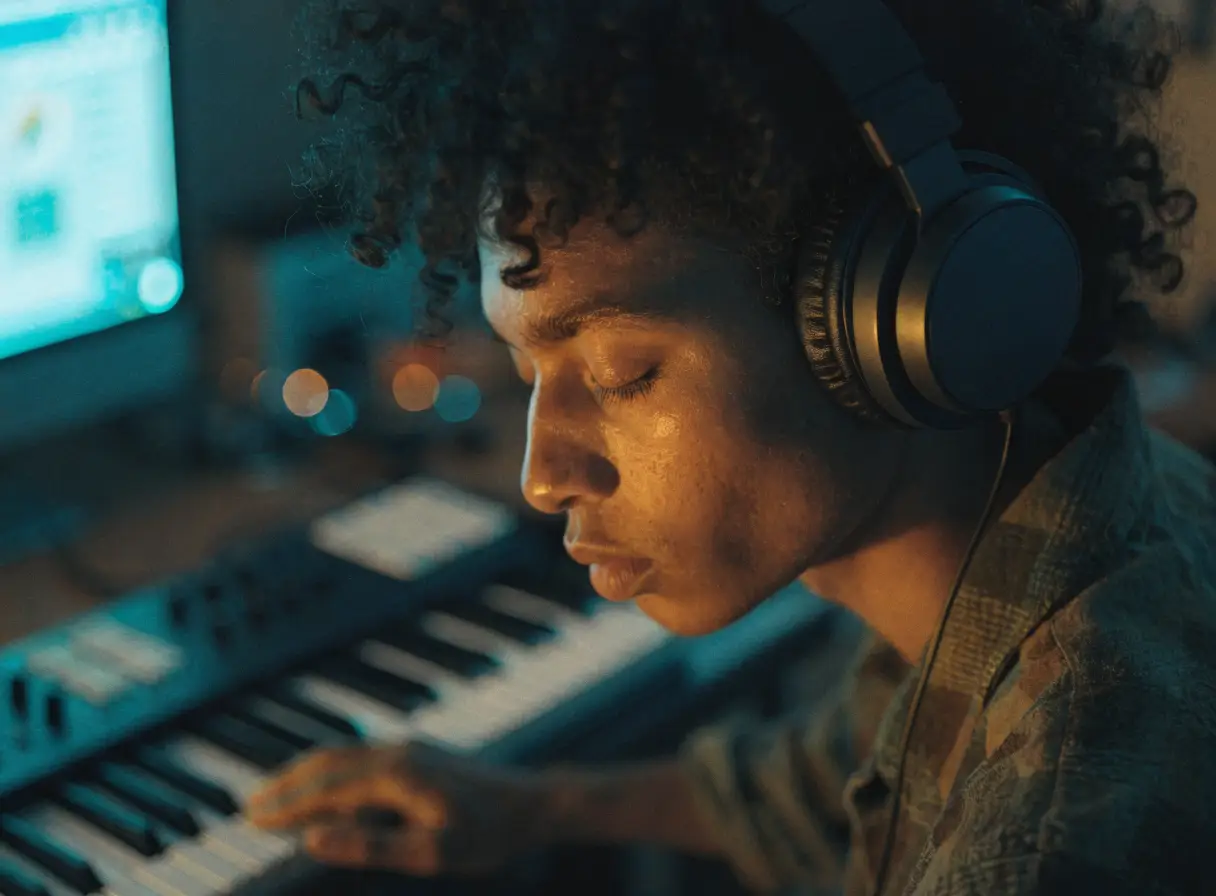 Producer in headphones in deep creative flow at the keys
