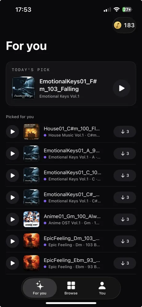 The FFUNK iOS app For-you feed: today's pick and MIDI files picked for you